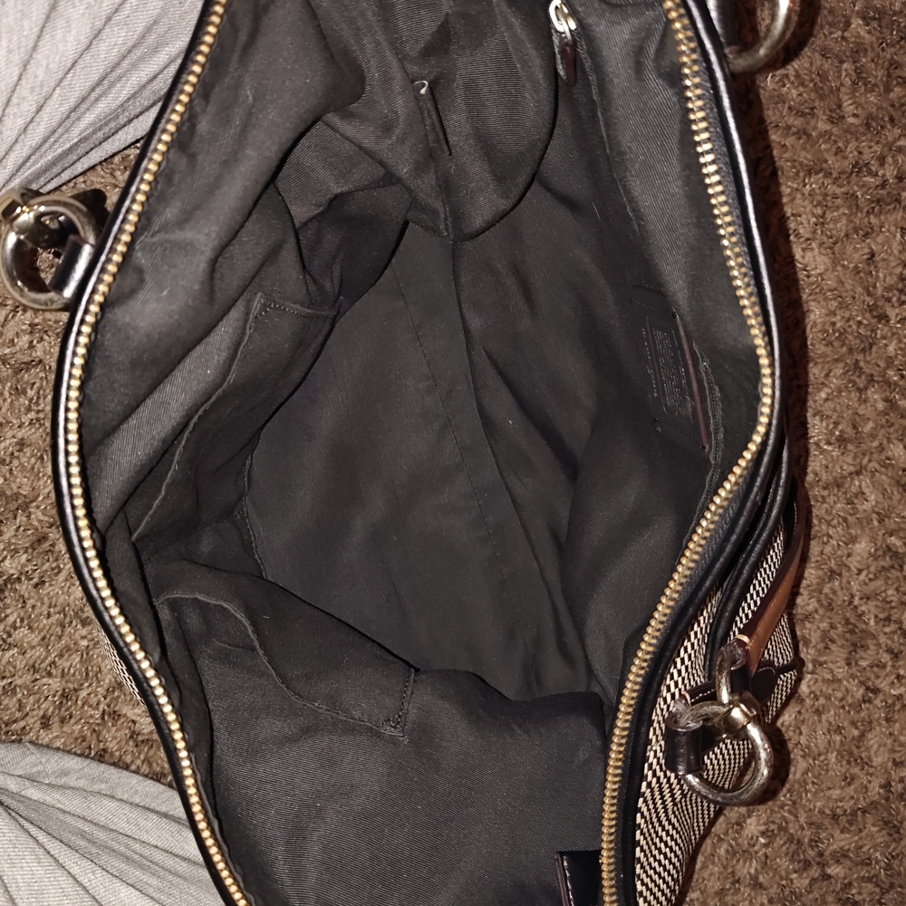 Coach Black and White Signature Tote with Brown Leather Handles - Picture 3 of 4